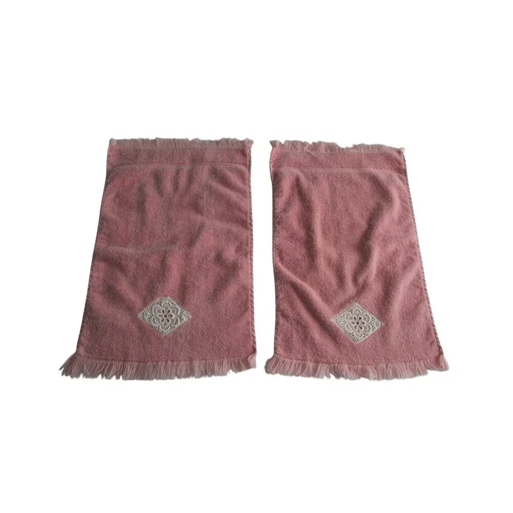 Vintage Pink Lace Embroidered Towel Set The Bathworks 4 Piece Guest GUC